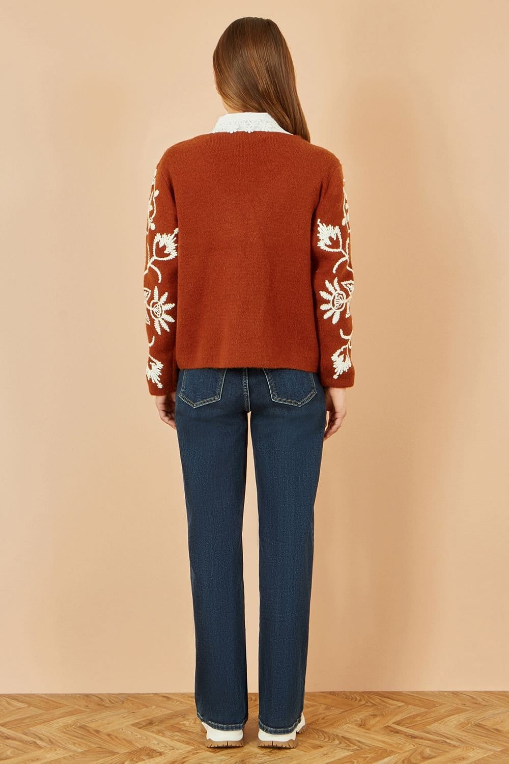 Yumi Yumi Women's Brown Folk Embroidered Tie Front Cardigan - 4