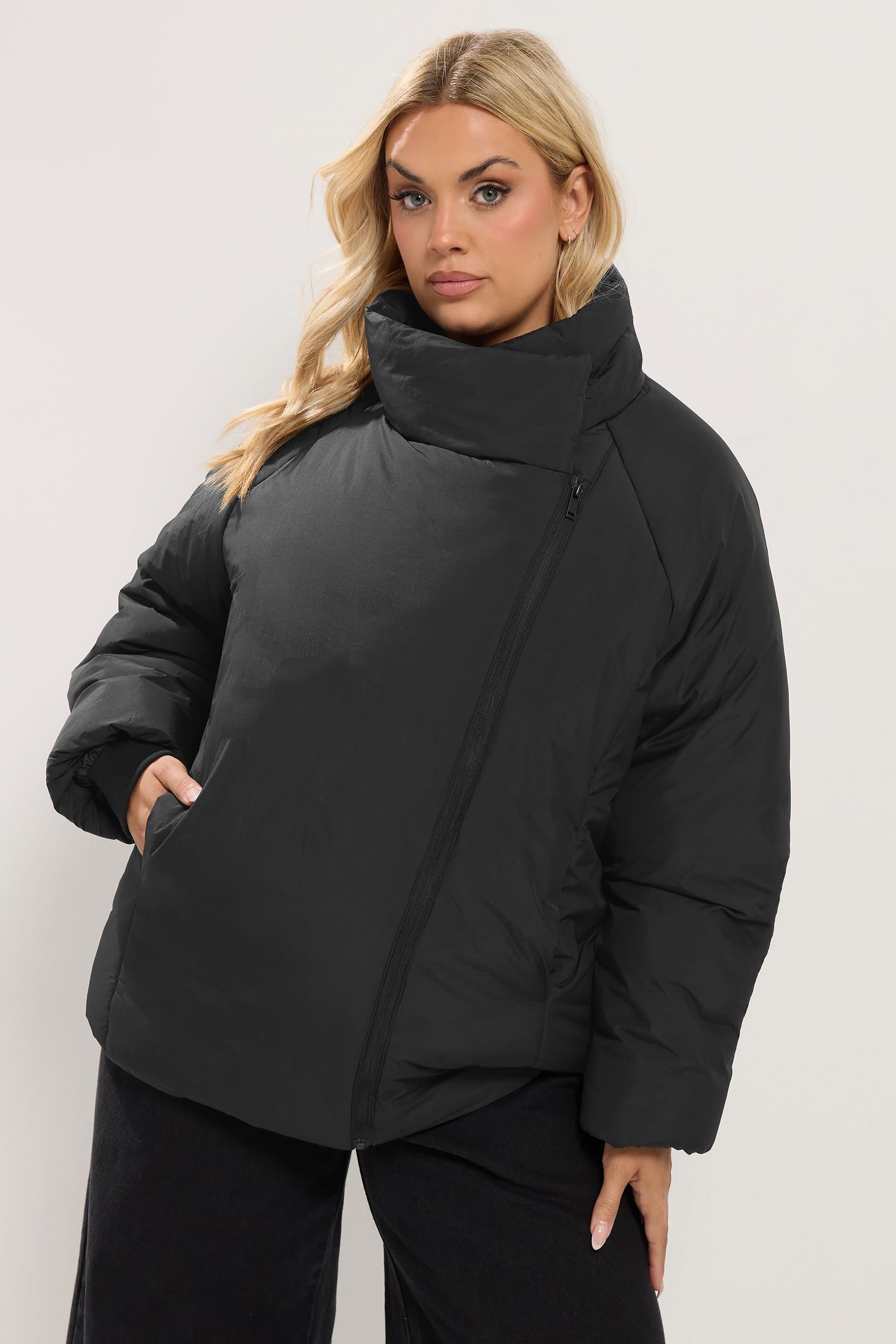 Yours Plus Size Black Asymmetric Zip Padded Coat