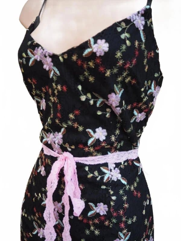 New Look New look petite black pink floral embroidered lace strappy bodycon dress 12 14