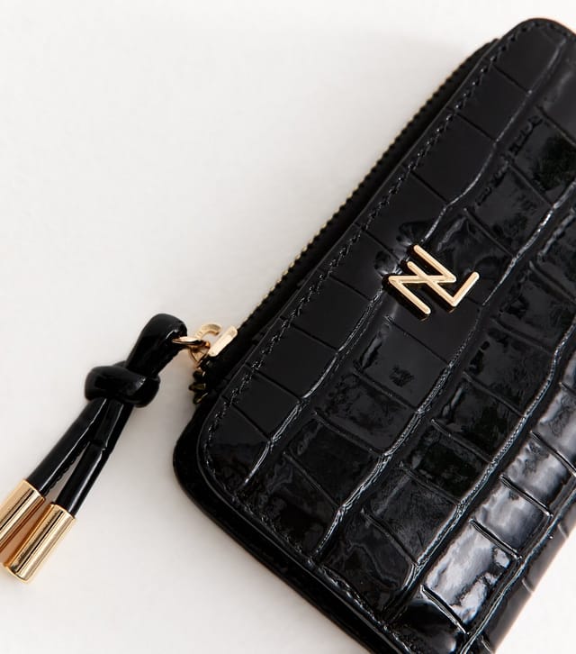 New Look Black Faux Leather Oversized Crocodile Embossed Logo Plaque Cardholder New Look - 2