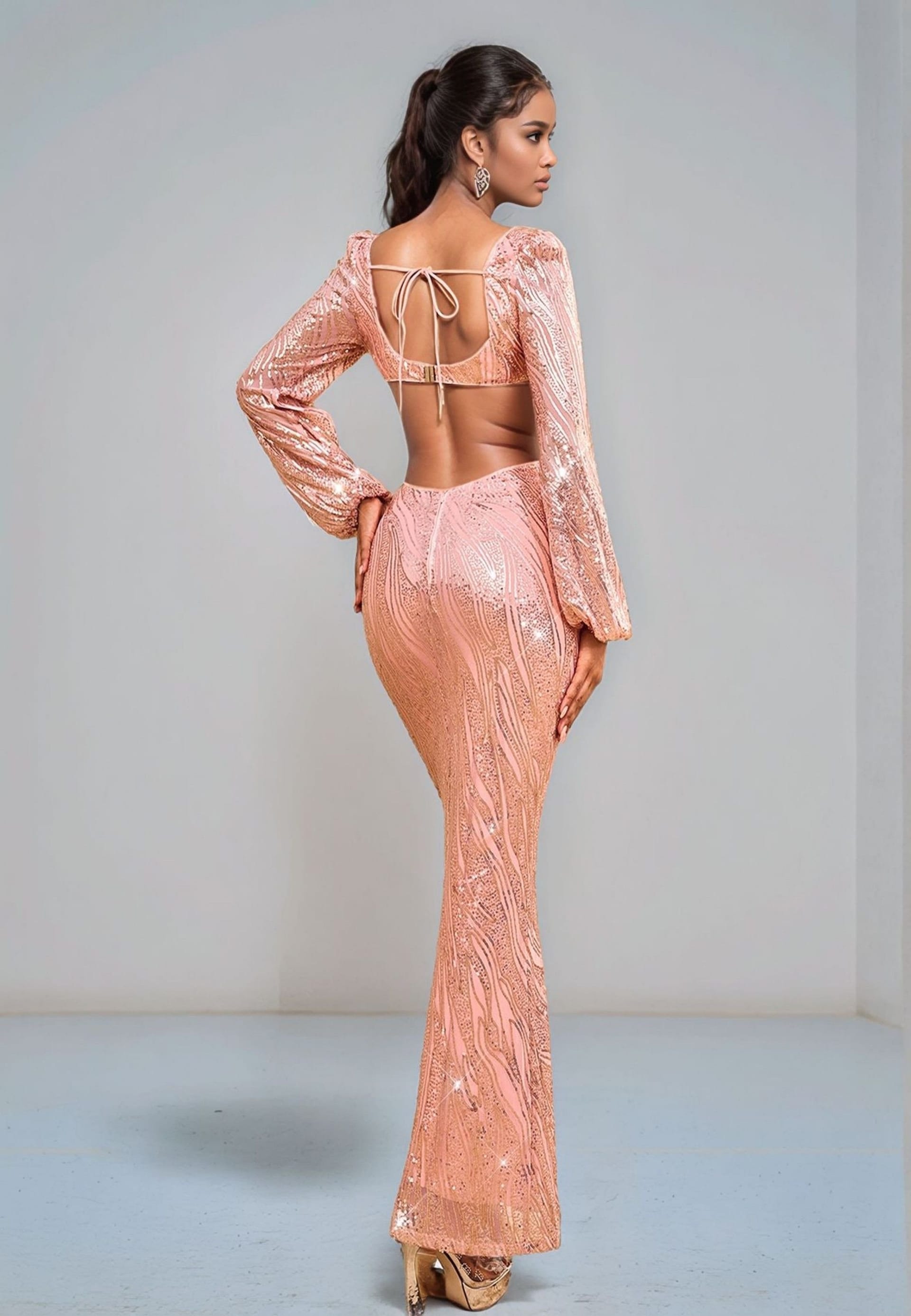 Divine Grace Divine Grace Women's Rose Gold Sequin Cut Out Maxi Dress - 4