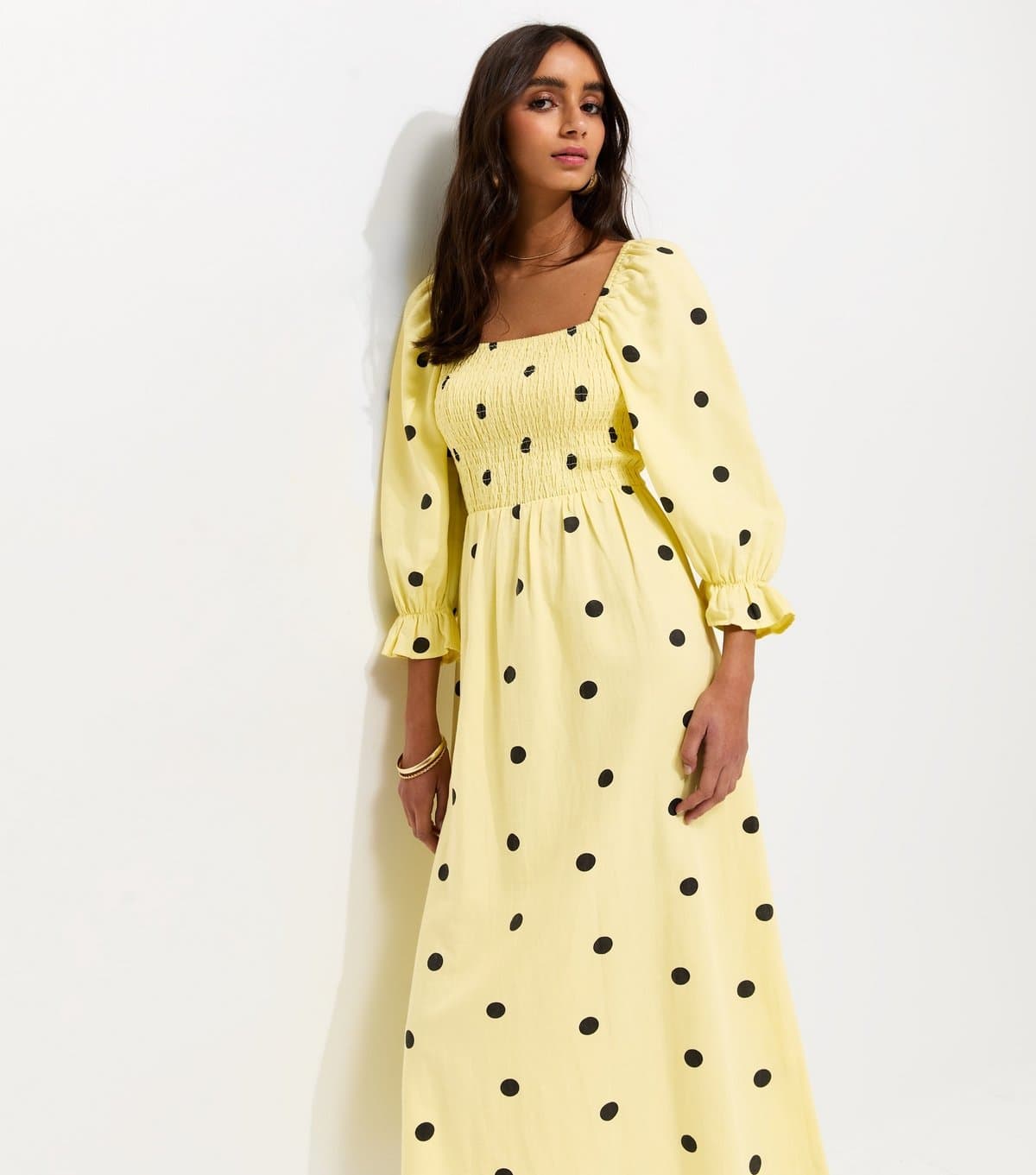 New Look Women's Yellow Textured Polka Dot Shirred Midi Dress New Look