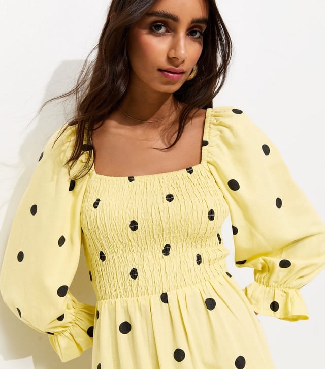 New Look Women's Yellow Textured Polka Dot Shirred Midi Dress New Look - 2