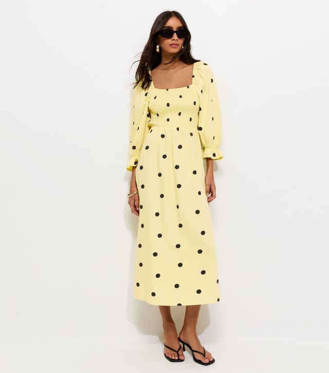 New Look Women's Yellow Textured Polka Dot Shirred Midi Dress New Look - 3