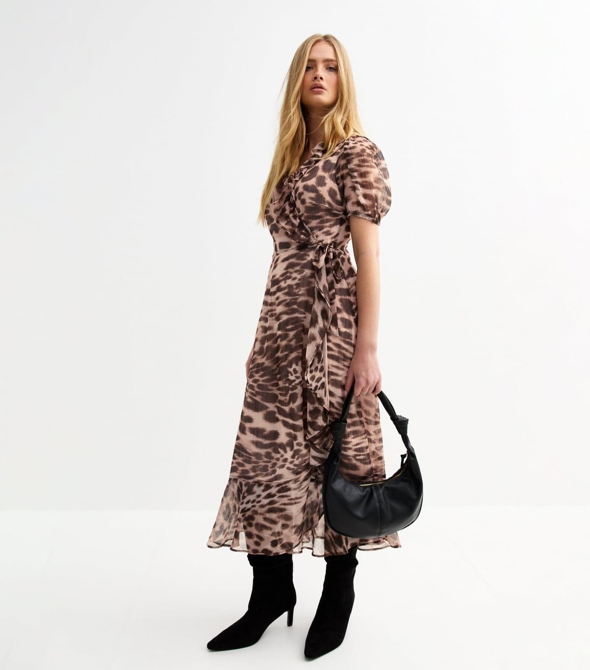 New Look Women's Brown Animal Print Chiffon Wrap Midi Dress New Look