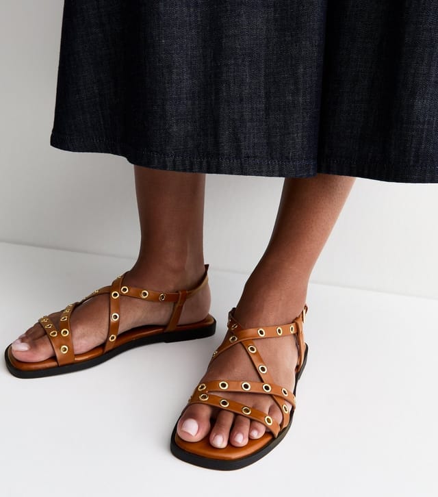 New Look Women's Tan Faux Leather Eyelet Embellished Multi Strap Flat Sandals Vegan New Look - 2