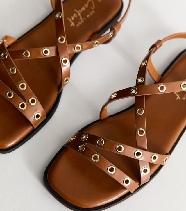 New Look Women's Tan Faux Leather Eyelet Embellished Multi Strap Flat Sandals Vegan New Look - 3