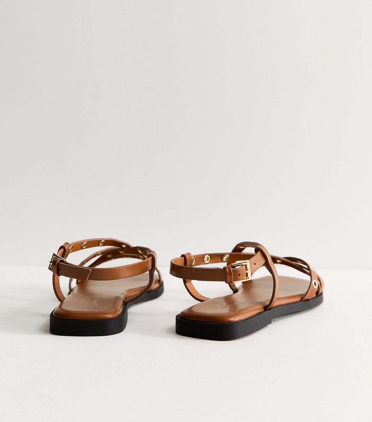 New Look Women's Tan Faux Leather Eyelet Embellished Multi Strap Flat Sandals Vegan New Look - 4