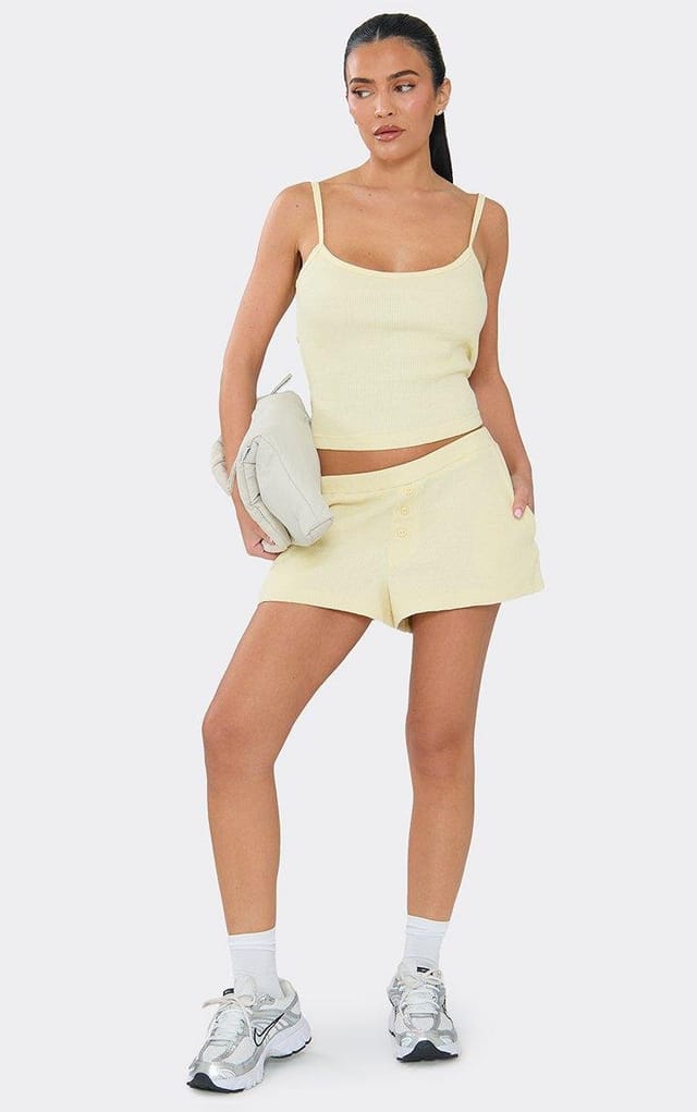 EGO Mid Rise Sweat Shorts In Lemon Waffle, Women's Size UK 6 - 2