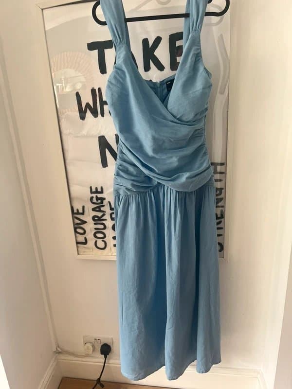 ASOS Design ASOS drop waste linen midaxi sundress wrap sky blue- summer, holiday size 8