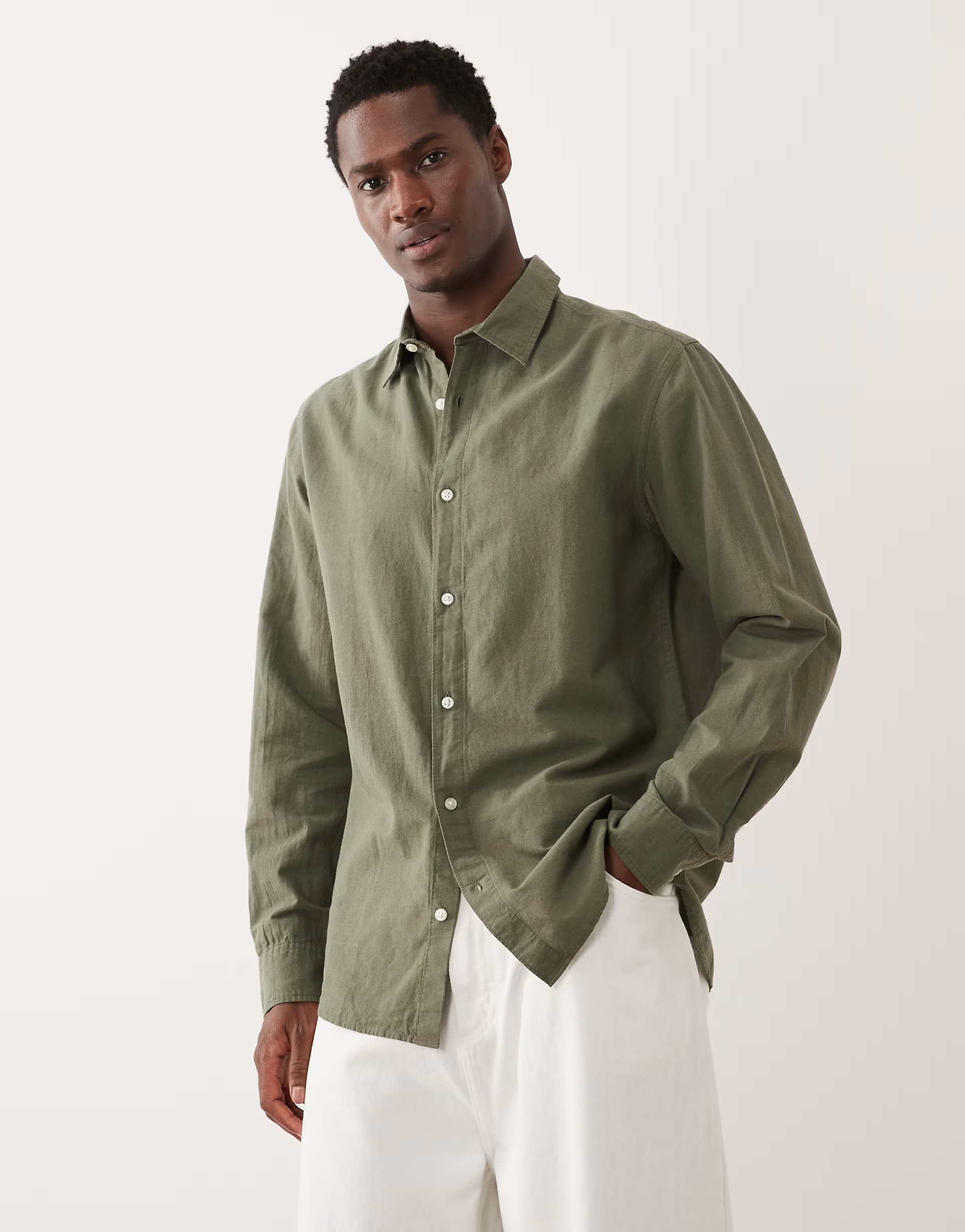 ASOS Jack & Jones linen blend regular shirt in khaki - 1