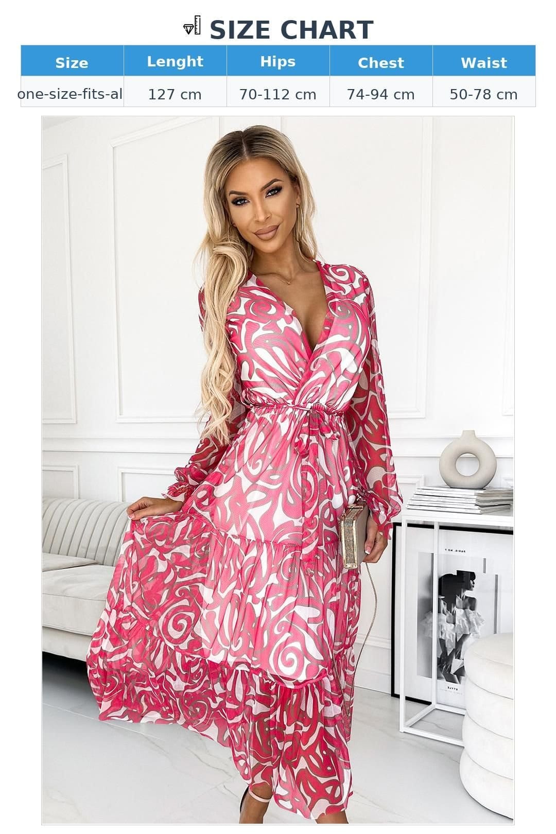 Love Lace Love Lace Women's Wave Print Ruffle Sleeve Belted Dress in Pink - 4