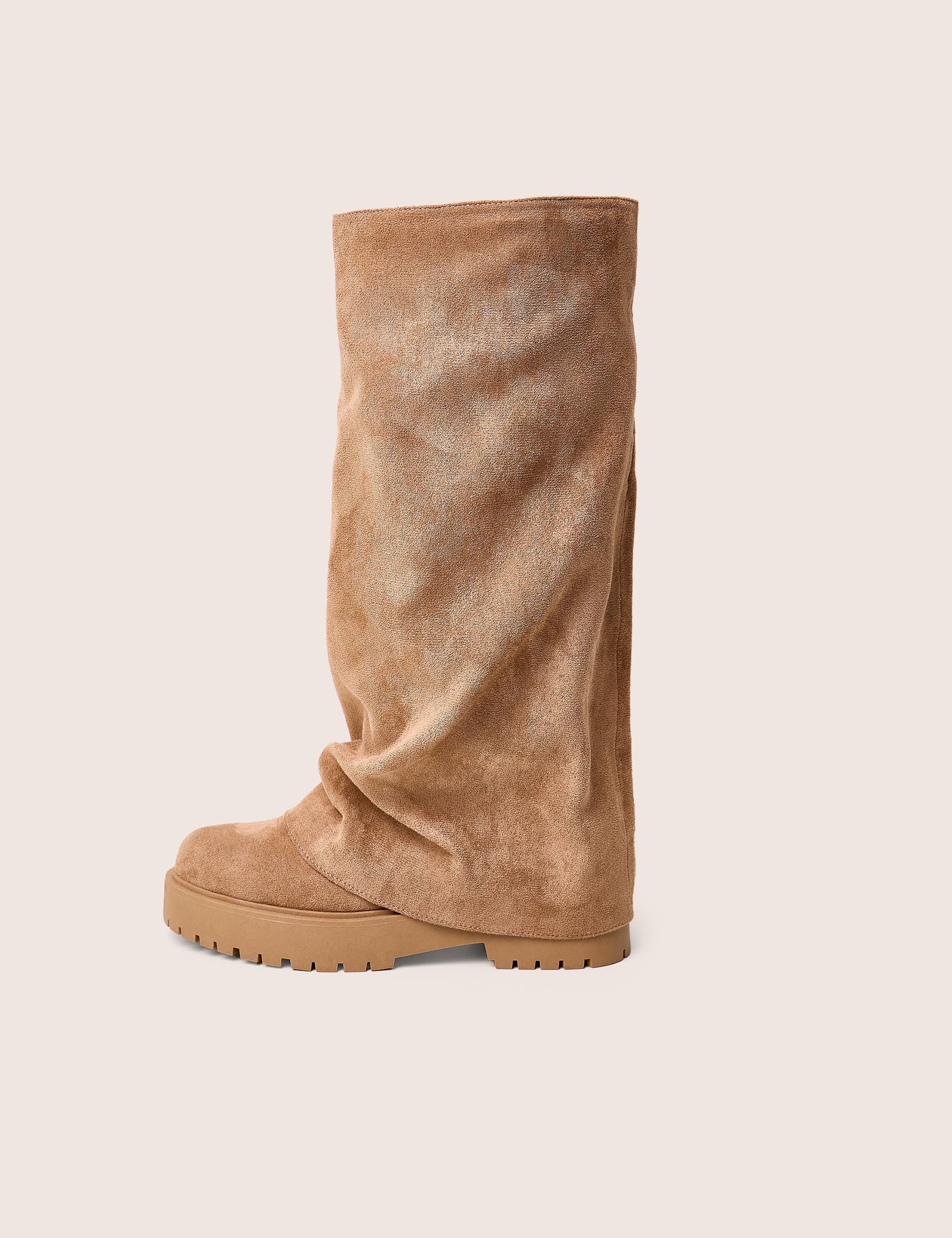 Public Desire Stockholme Tan Faux Suede Fold Over Knee High Boots