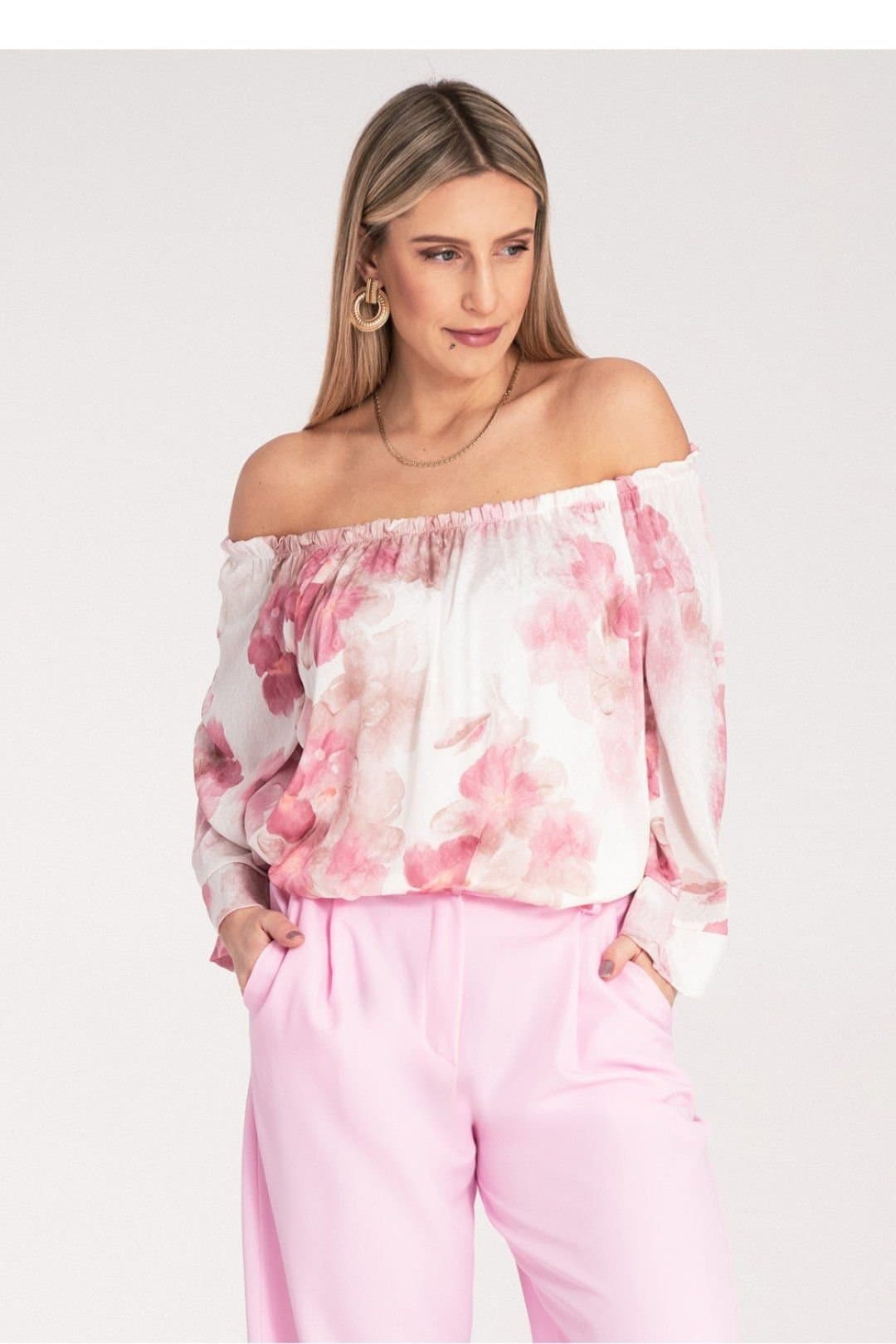 Love Lace Love Lace Women's Spanish Wide Neckline Loose Blouse 3/4 in Pink