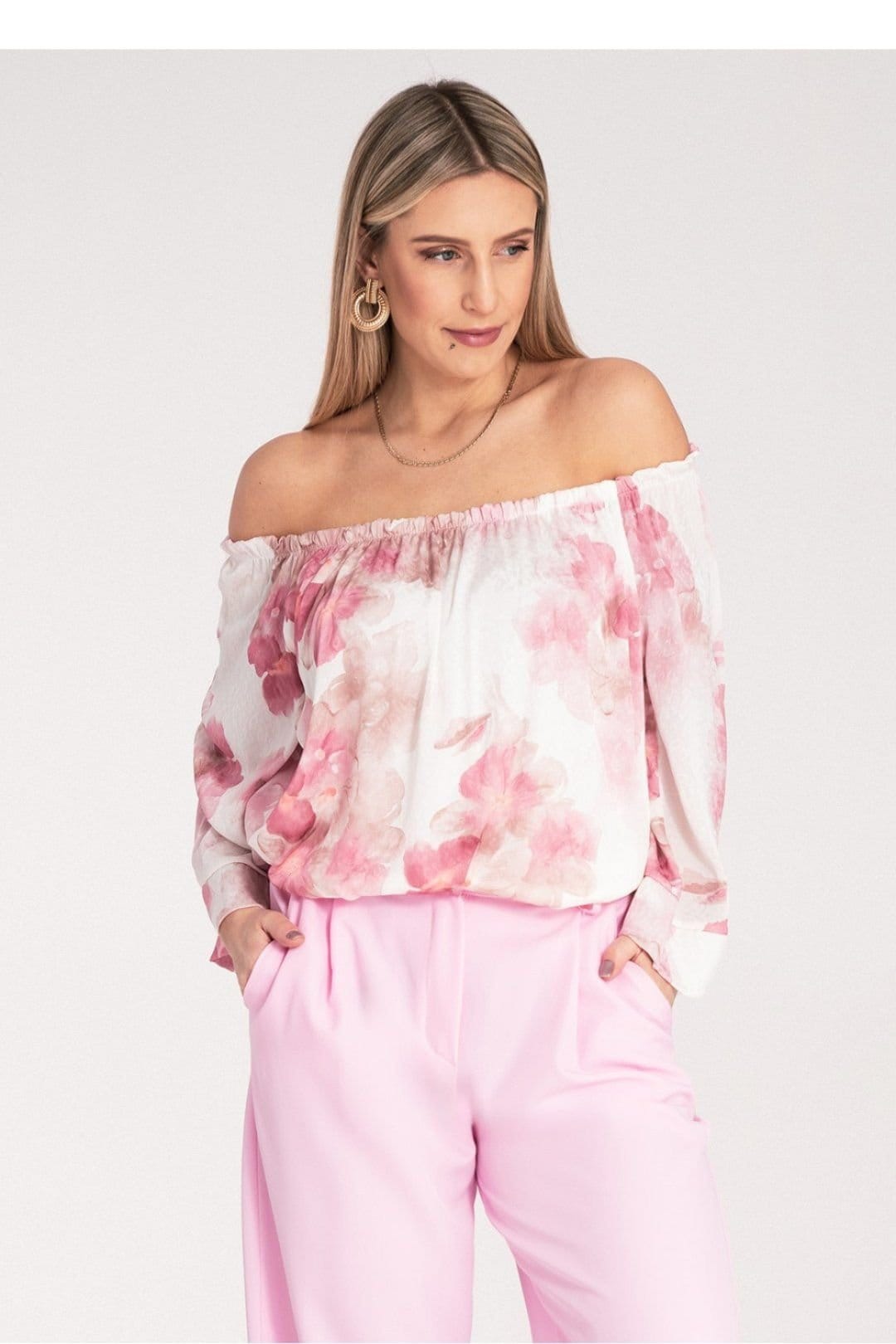 Love Lace Pink Off-Shoulder Blouse with Floral Print