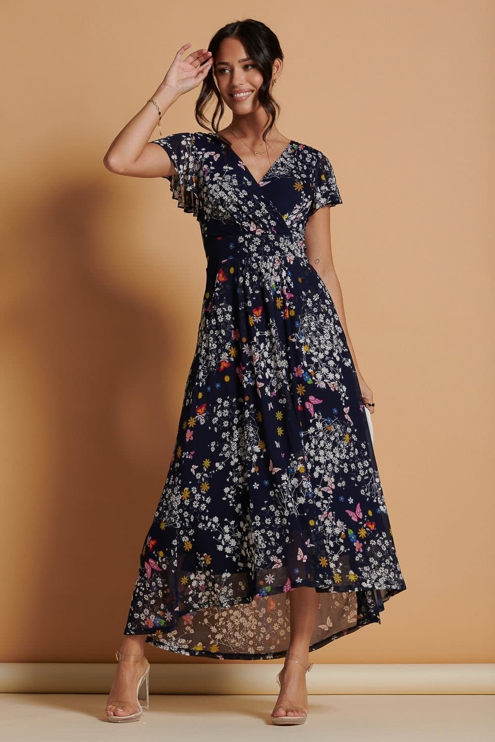 Jolie Moi Jolie Moi Women's Mesh V-Neck Maxi Dress in Navy