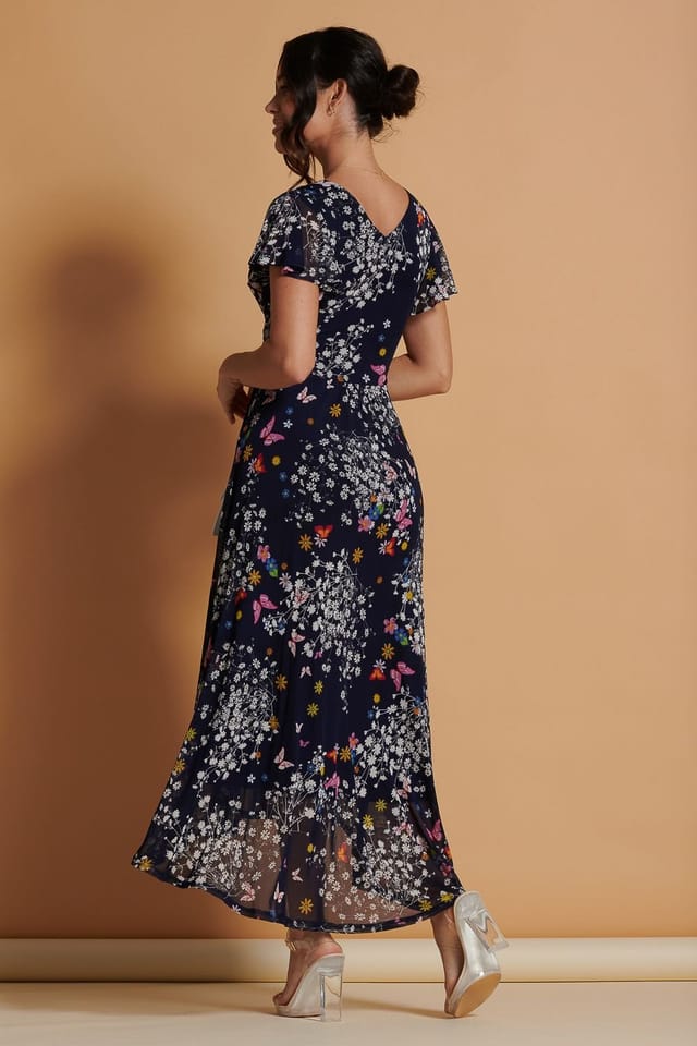 Jolie Moi Jolie Moi Women's Mesh V-Neck Maxi Dress in Navy - 2