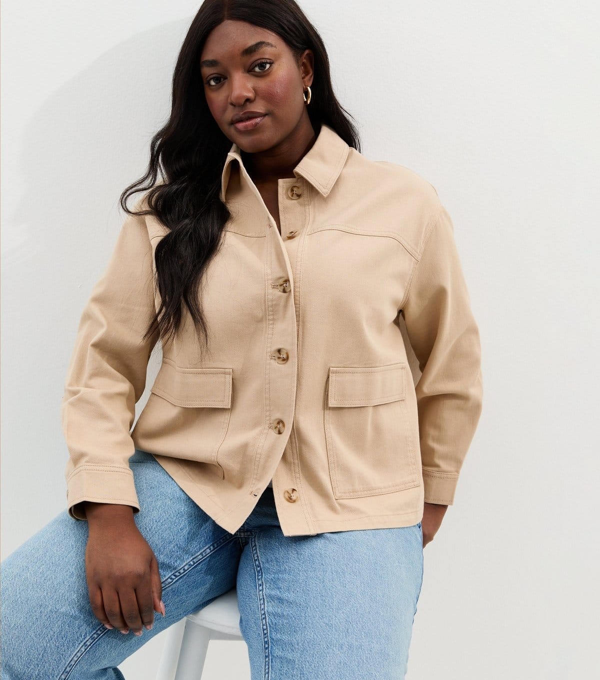 Women's Plus Size Stone Cotton Flap Pocket Shacket Curves New Look