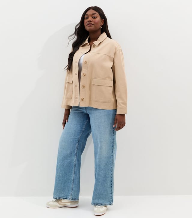 New Look Women's Plus Size Stone Cotton Flap Pocket Shacket Curves New Look - 3