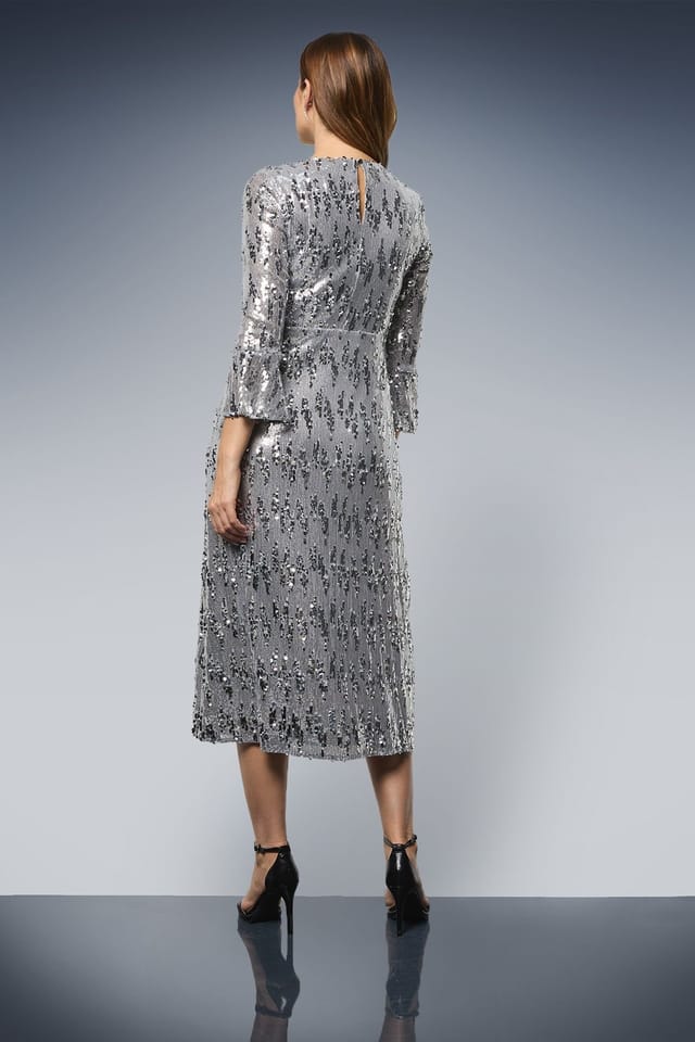 Wallis Wallis Women's Sequin Flared Sleeve Midi Dress in Silver - 3
