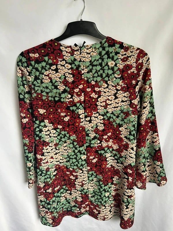 Zara Floral Long Sleeve Mini Dress - Red/Sage Green - Size S