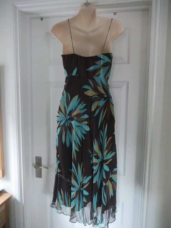 Monsoon Silk Monsoon Dress Size 8 Floaty Brown Leaf Turquoise Green Design Ladies Party