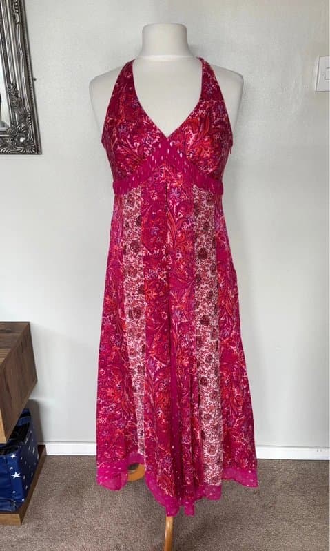 Monsoon Vintage Monsoon Y2K halter neck pink silk midi dress boho style - size 12 Petite fits an 8-10