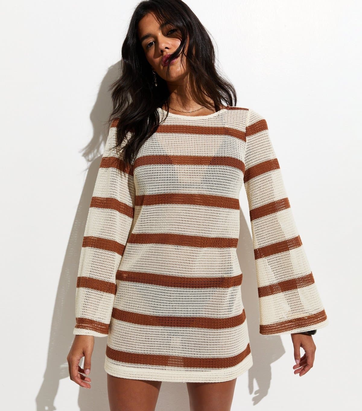 New Look Women's Brown Striped Scoop Back Crochet Knit Kaftan New Look