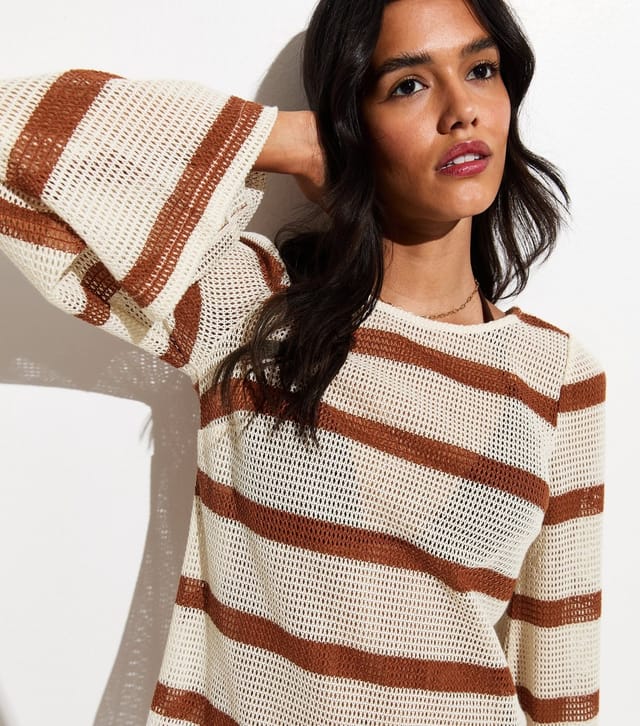 New Look Women's Brown Striped Scoop Back Crochet Knit Kaftan New Look - 3