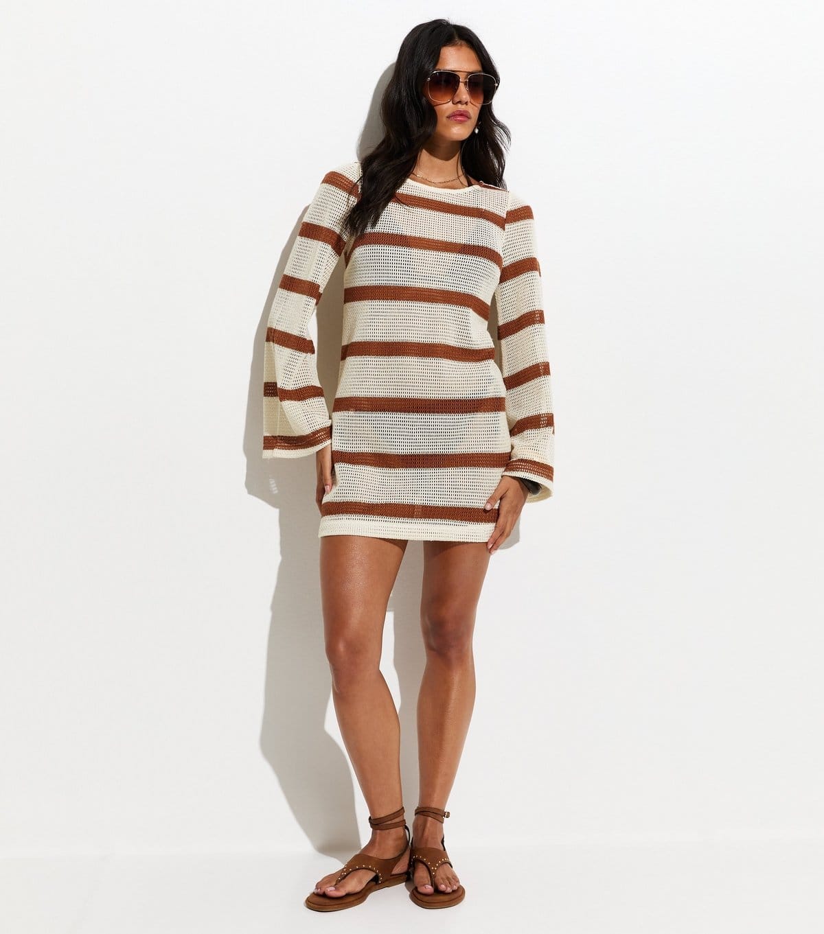 New Look Women's Brown Striped Scoop Back Crochet Knit Kaftan New Look - 4