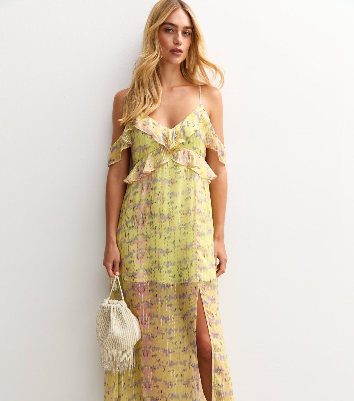 New Look Women's Yellow Floral Print Jacquard Midi Dress New Look