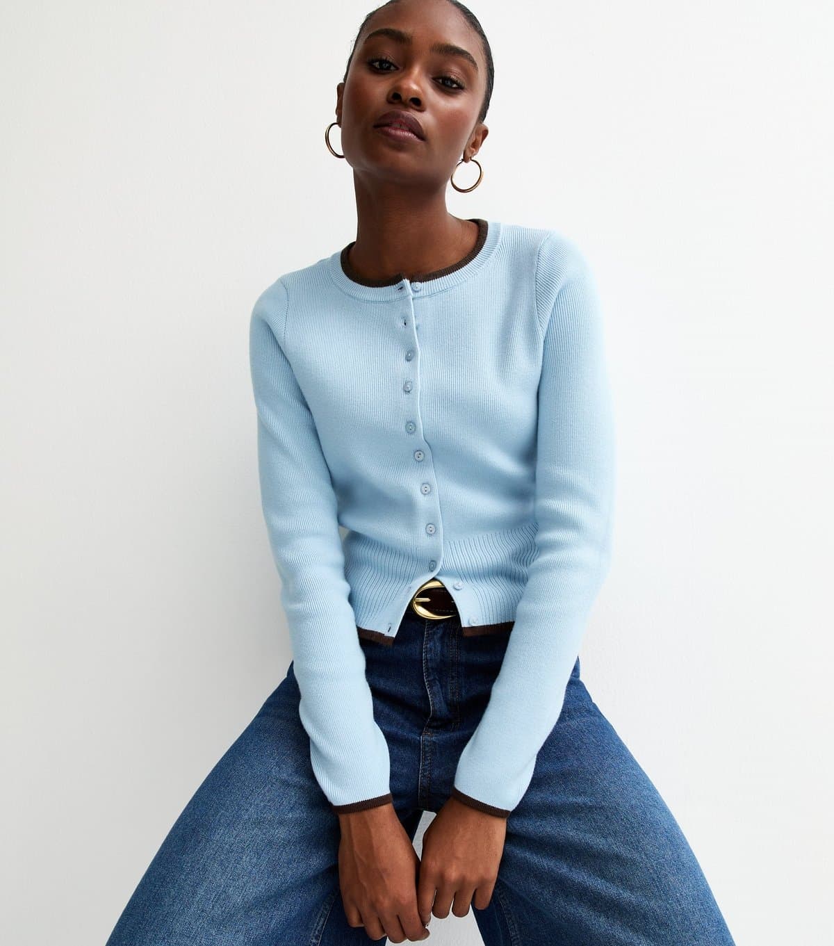 New Look Women's Light Blue Compact Contrast Tipping Cardigan New Look