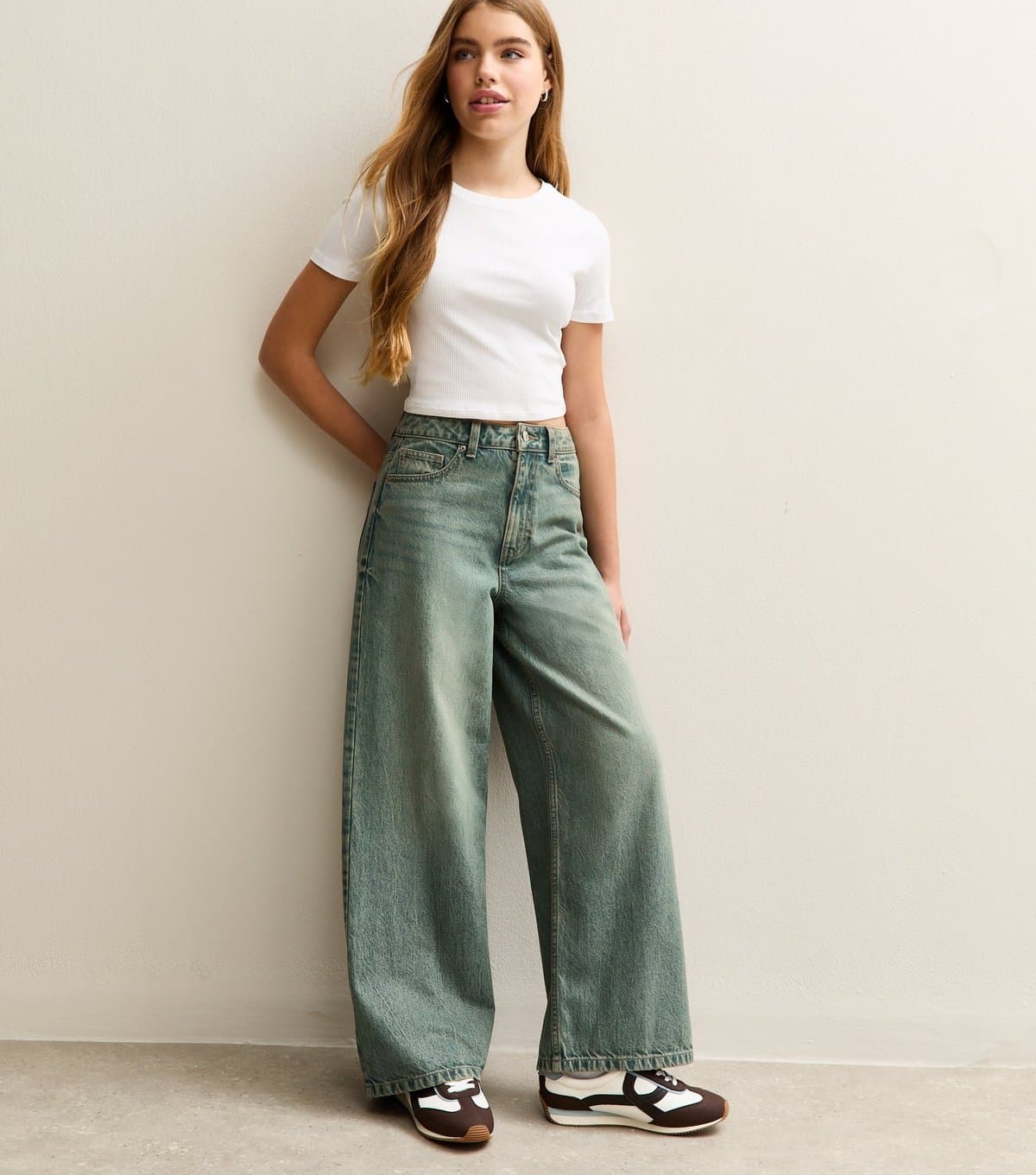 New Look Girls' Blue Distressed Wash Super Wide Leg Jeans New Look