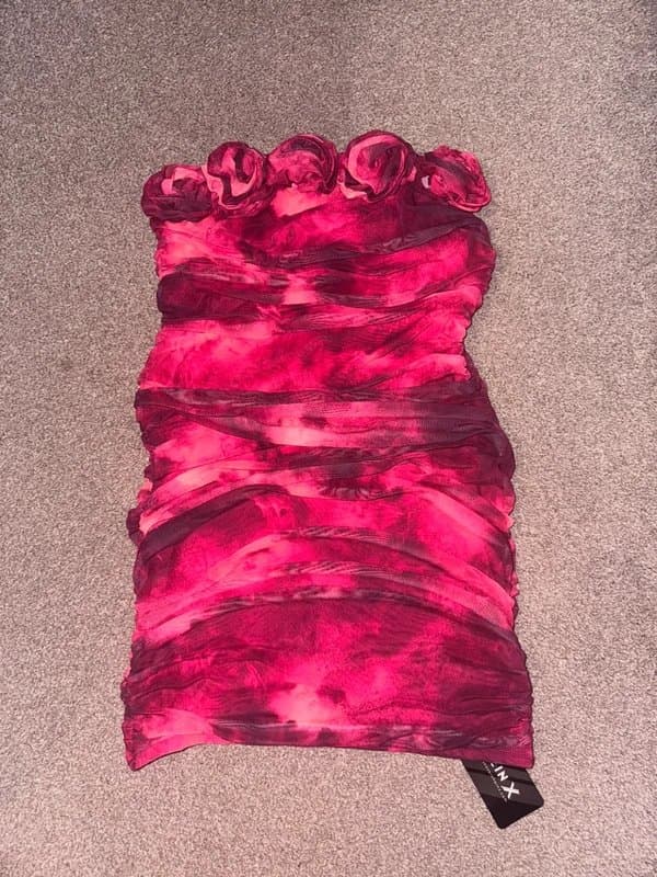 Shein SHEIN Pink Mesh Ruched Mini Dress | Floral Appliqué Detail | Size 12