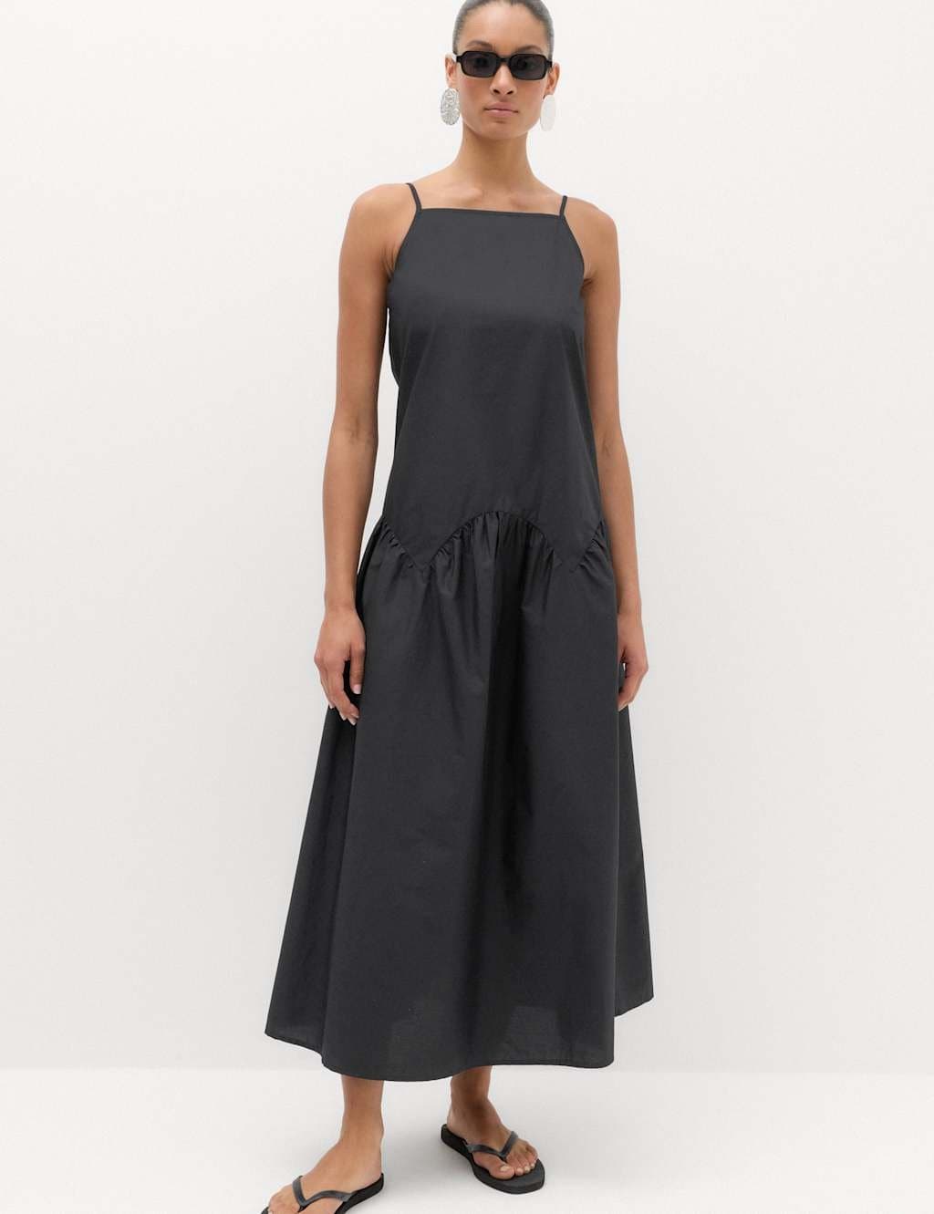 Marks & Spencer M&S Pure Cotton Square Neck Midi Drop Waist Dress Black