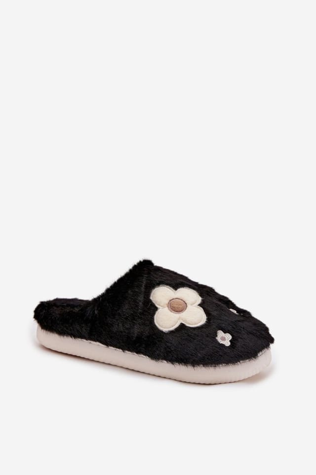 Love Lace Love Lace Women's Fur Floral Step Slippers Warm Cozy Soft Indoor Footwear in Black - 2