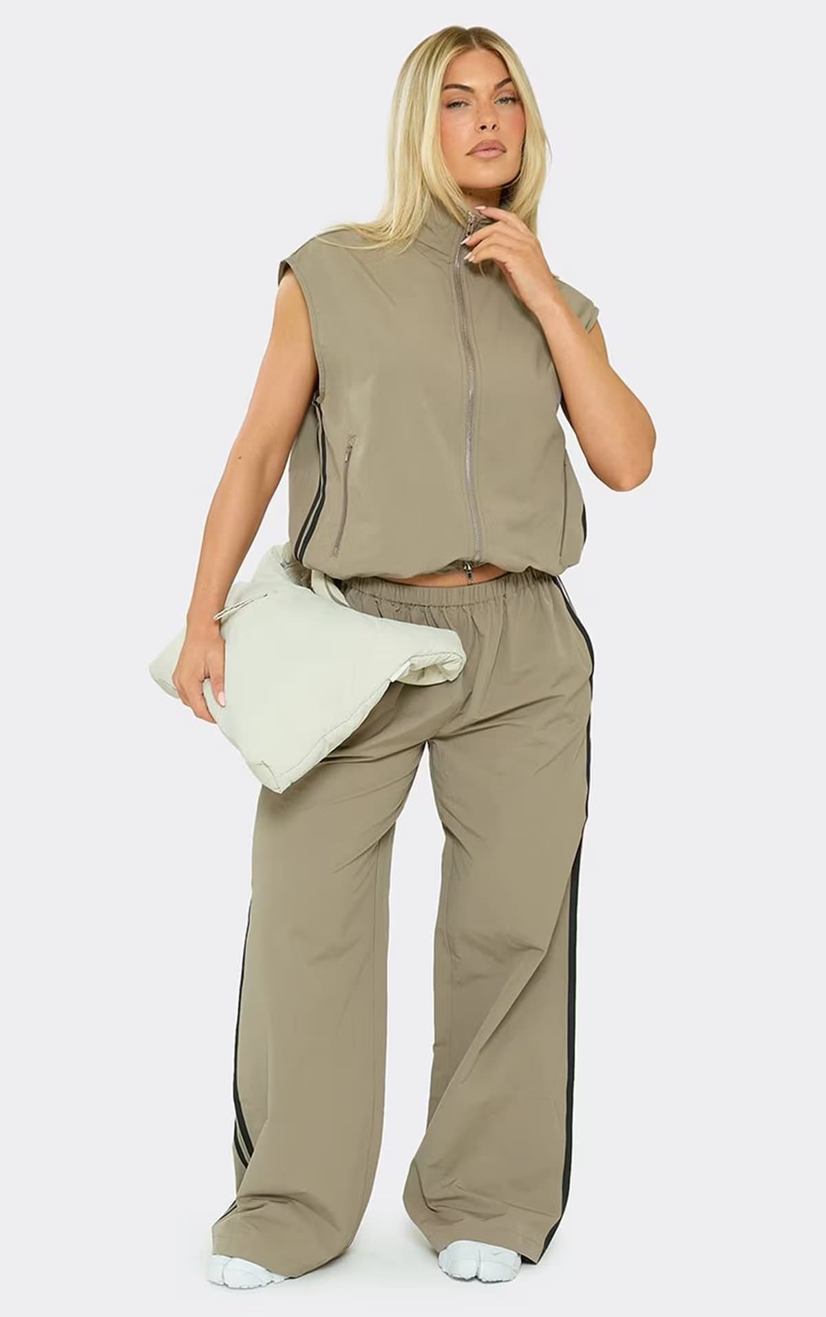 EGO Sleeveless High Neck Side Stripe Jacket In Taupe Shell, Women's Size UK 6