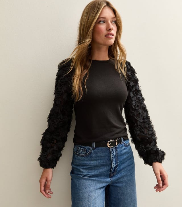 New Look Women's Black Rose Appliqued Sleeve Top New Look - 2