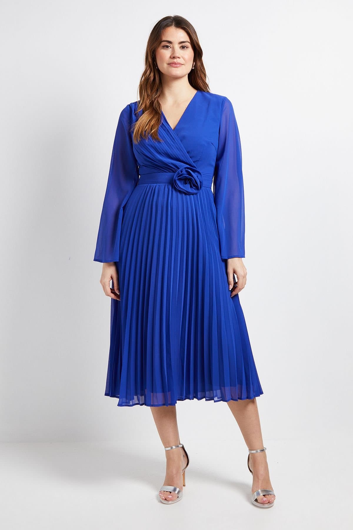Wallis Wallis Women's Cape Sleeve Pleated Corsage Midi Dress in Cobalt