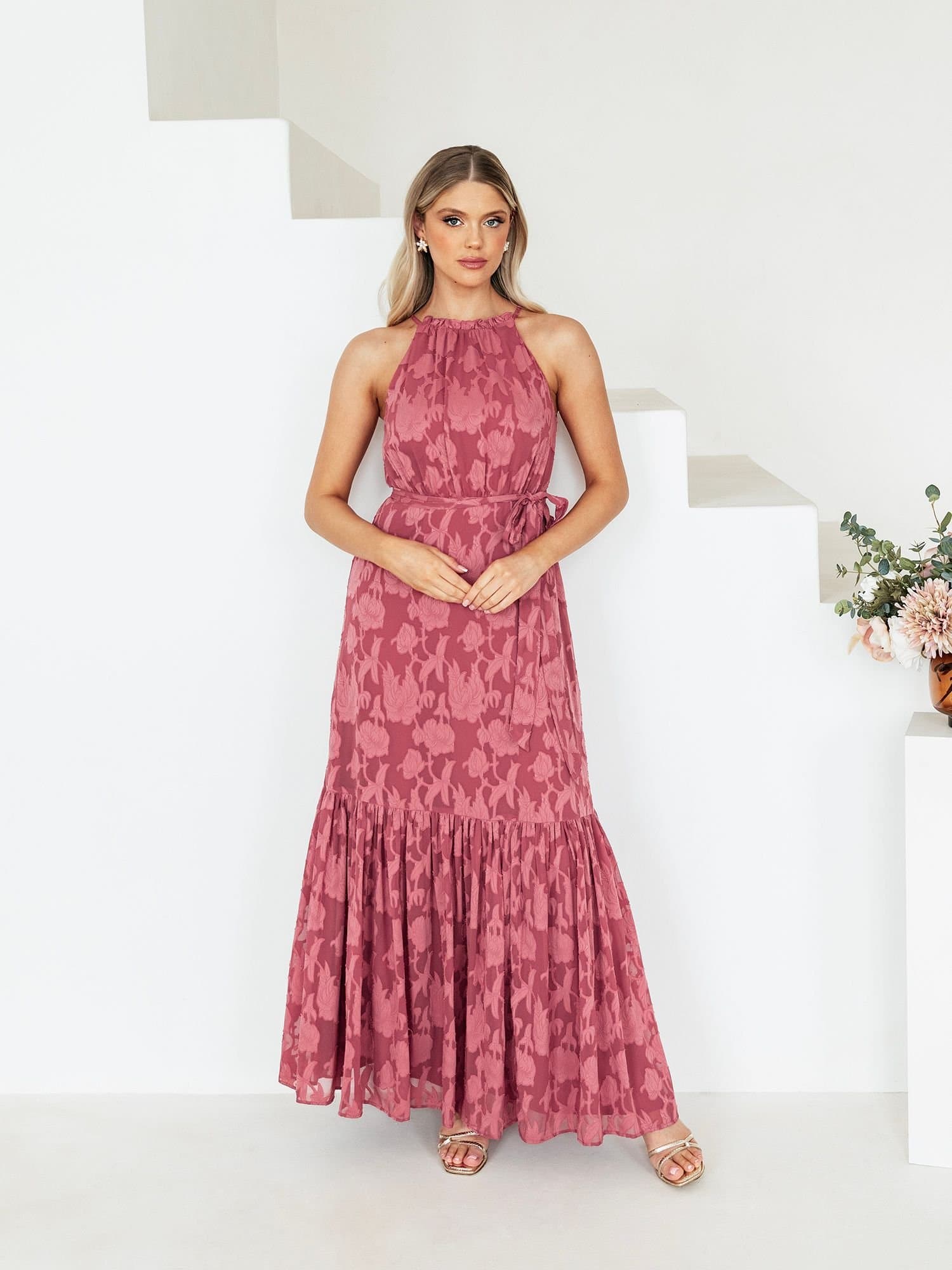 Anaya with Love Anaya with Love Women's Frill Halter Neck Maxi Dress in Dark Pink