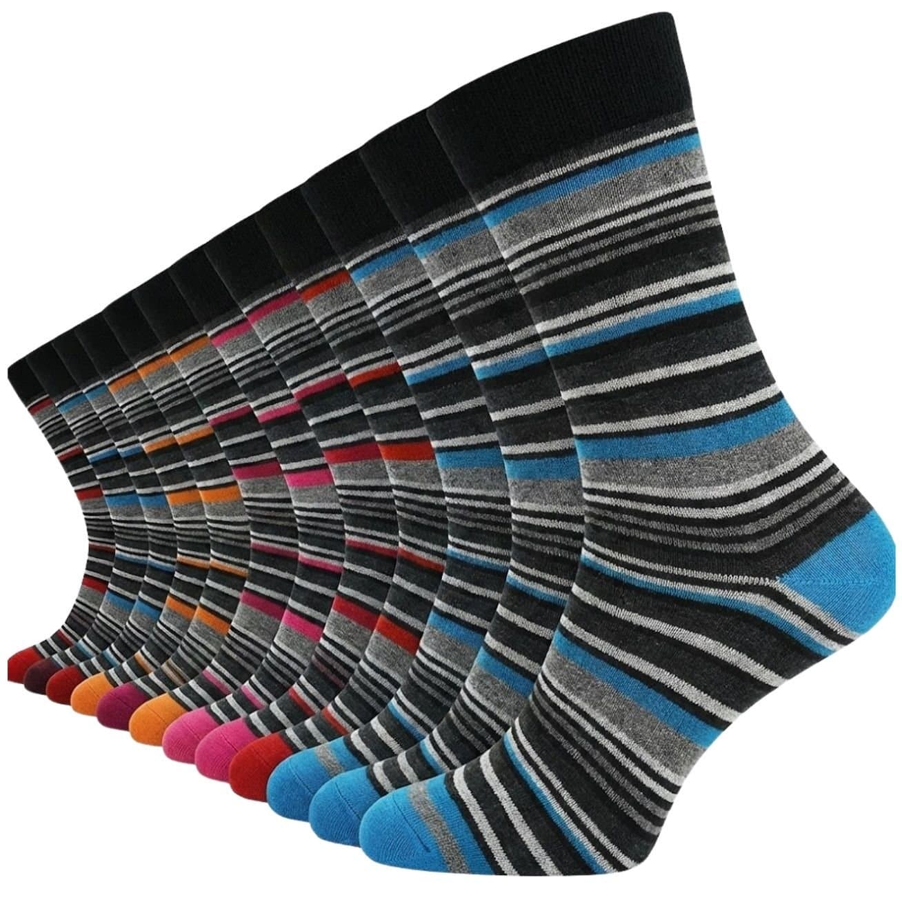 Britwear Britwear Men's 12 x Cotton Blend Coloured Stripe Design Pattern Socks