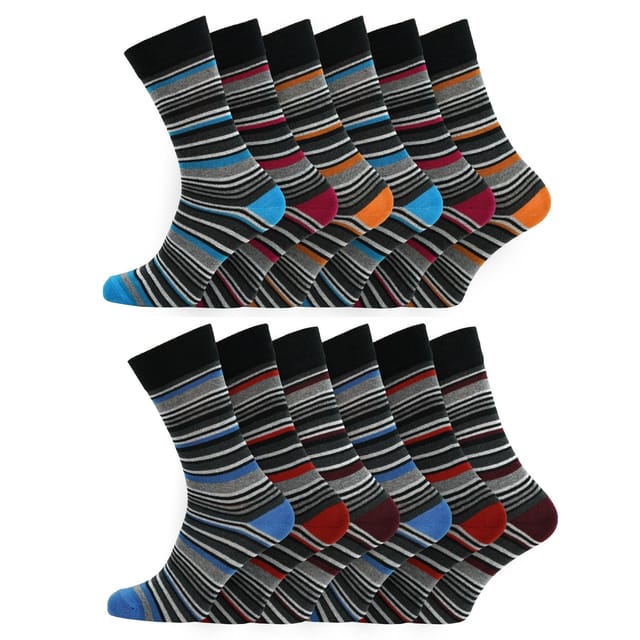 Britwear Britwear Men's 12 x Cotton Blend Coloured Stripe Design Pattern Socks - 2