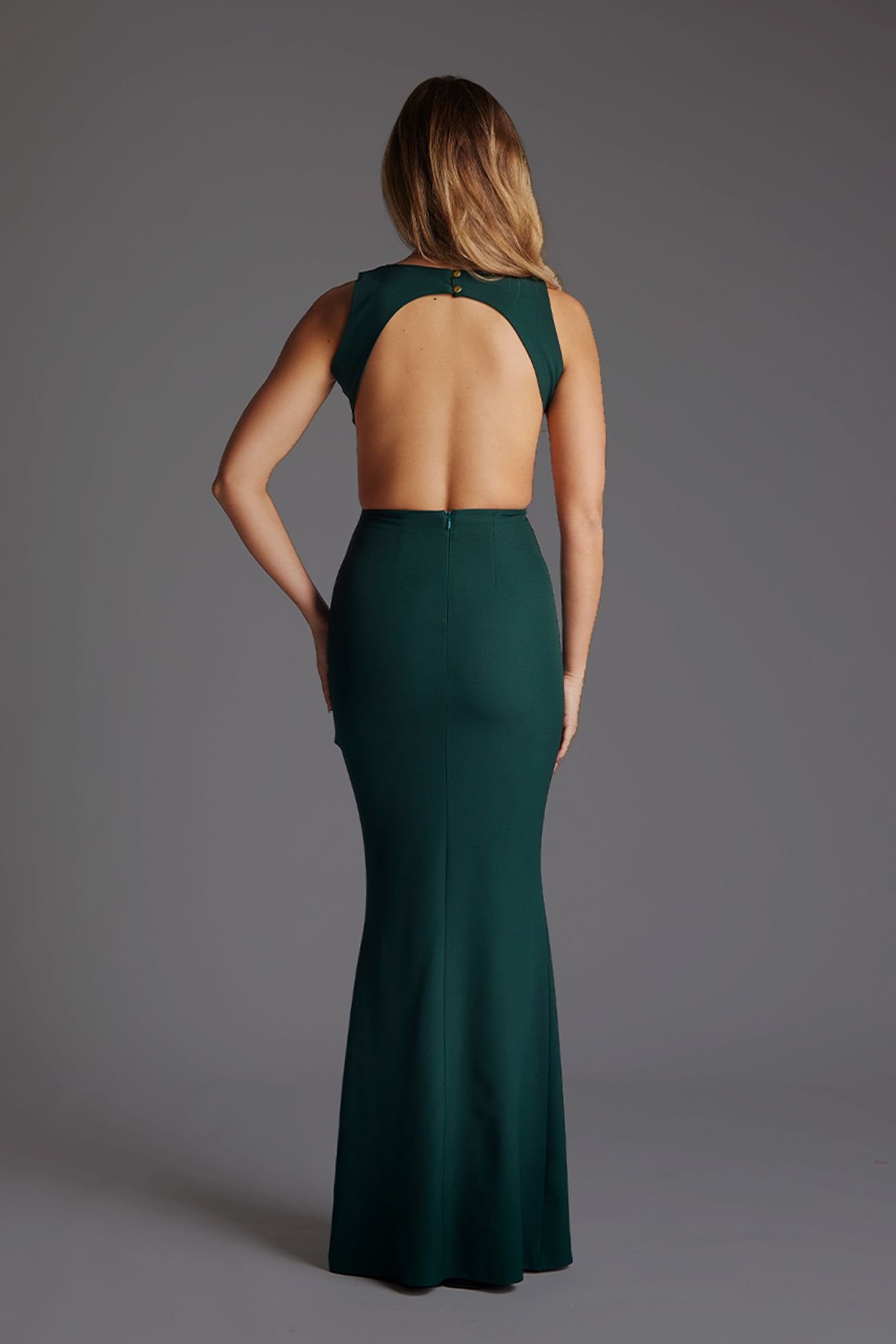 Vesper Vesper Women's High Neck Open Back Fishtail Maxi Dress in Dark Green - 4