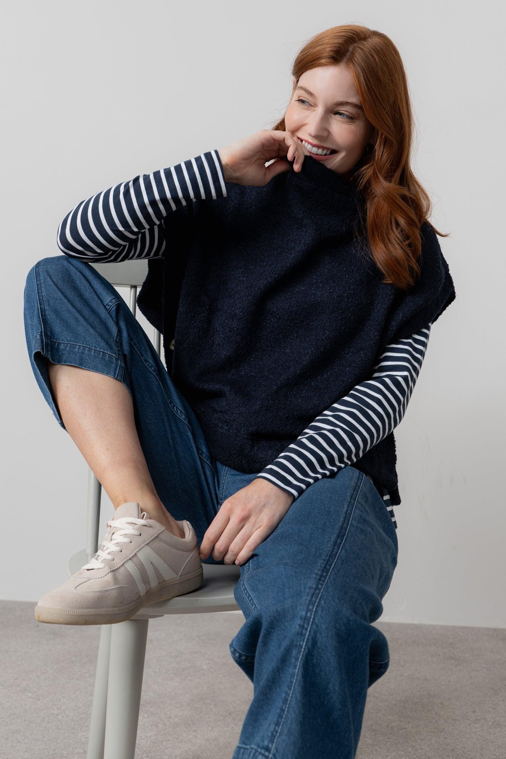 Lily & Me Lily & Me Women's Tabitha Boxy & Relaxed Wide Boat Neck Boucle Knit Poncho in Navy - 2