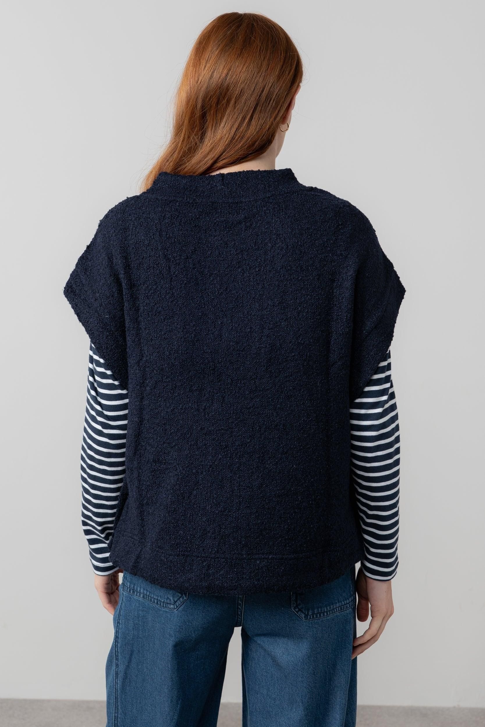 Lily & Me Lily & Me Women's Tabitha Boxy & Relaxed Wide Boat Neck Boucle Knit Poncho in Navy - 4