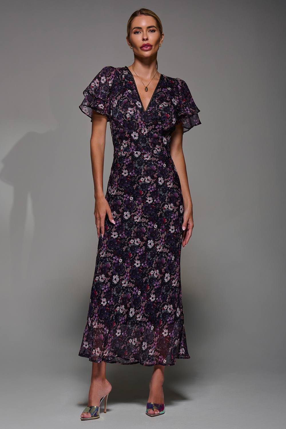 Jolie Moi Jolie Moi Women's V-Neck Frill Sleeve Chiffon Midaxi Dress - 2