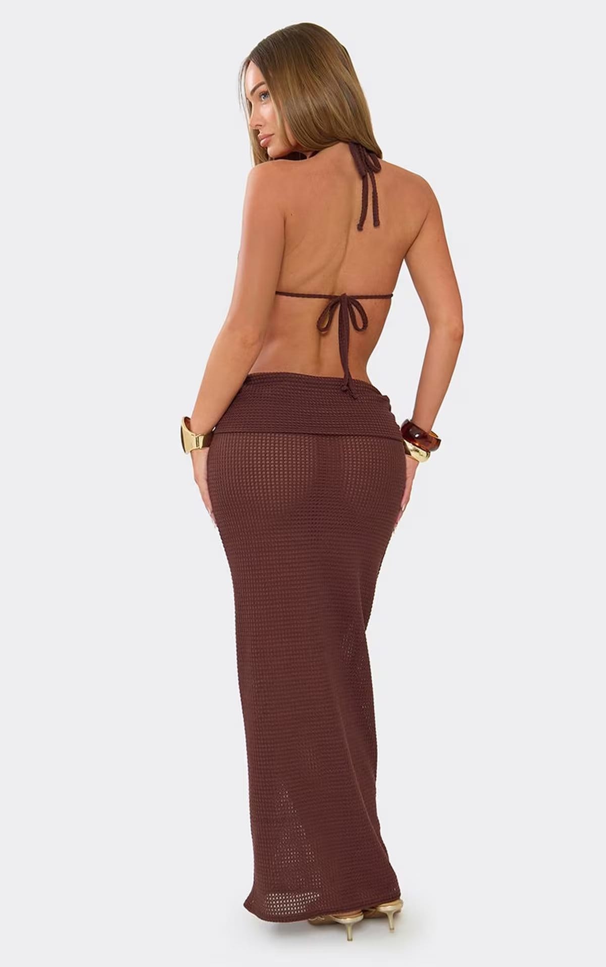 EGO High Neck Trim Detail Cut Out Maxi Dress In Brown, Women's Size UK 6 - 1