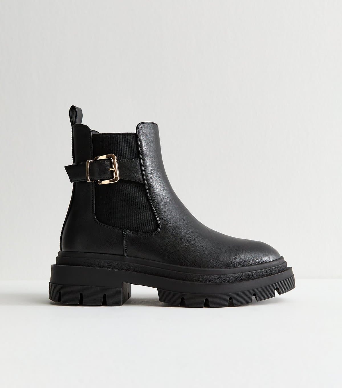 New Look Women's Wide Fit Black Faux Leather Chunky Chelsea Boots New Look