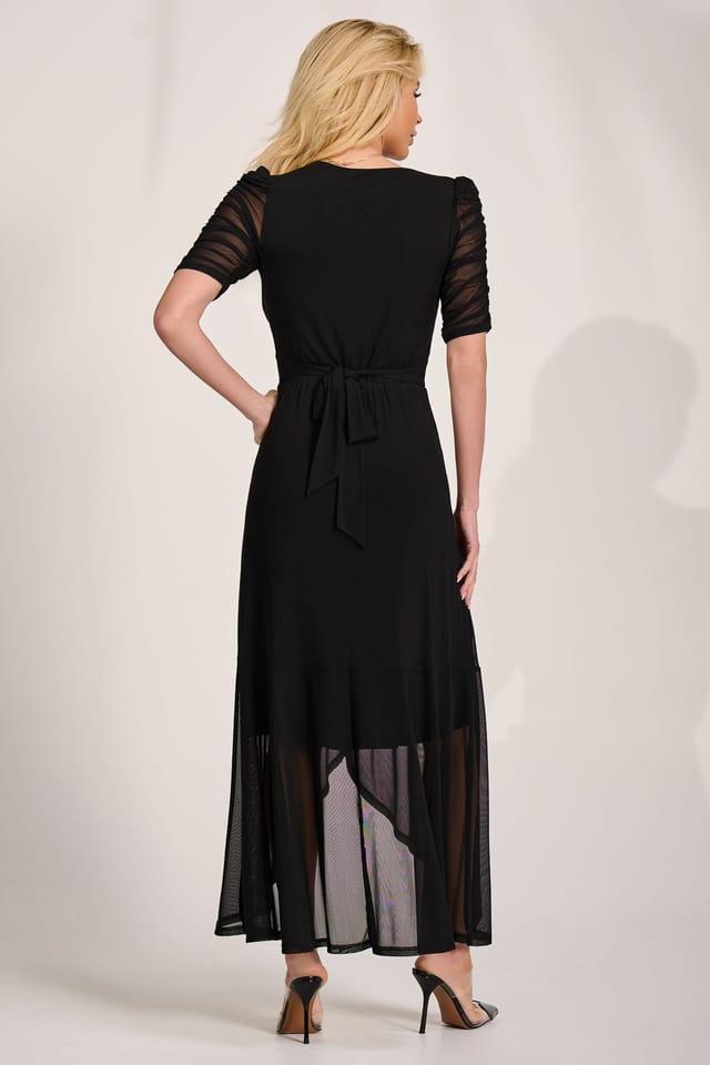 Jolie Moi Jolie Moi Women's Ruched Sleeve Mesh Maxi Dress in Black - 2