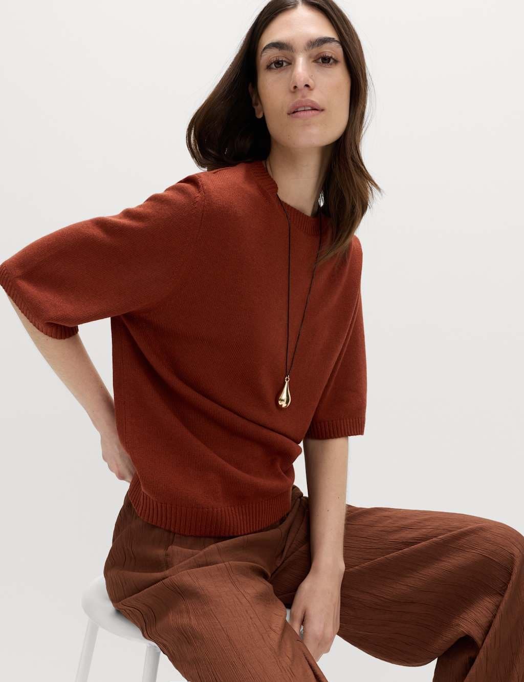 Marks & Spencer M&S Relaxed Fit Knitted Top With Linen Brandy